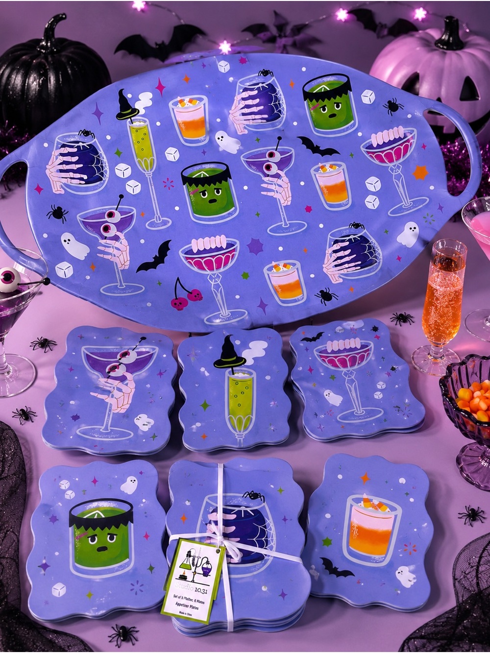 NWT Studio 10.31 Halloween Platter & 6 Appetizer Plates Spooky Cocktail Set